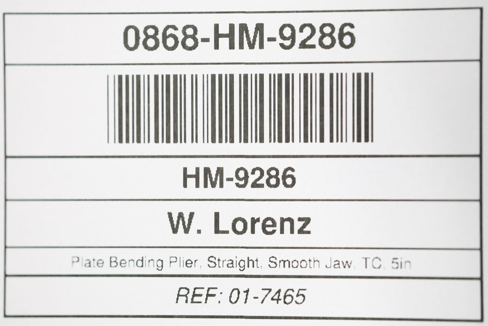 W. Lorenz 01-7465 Plate Bending Plier, Straight, Smooth Jaw, TC, 5in