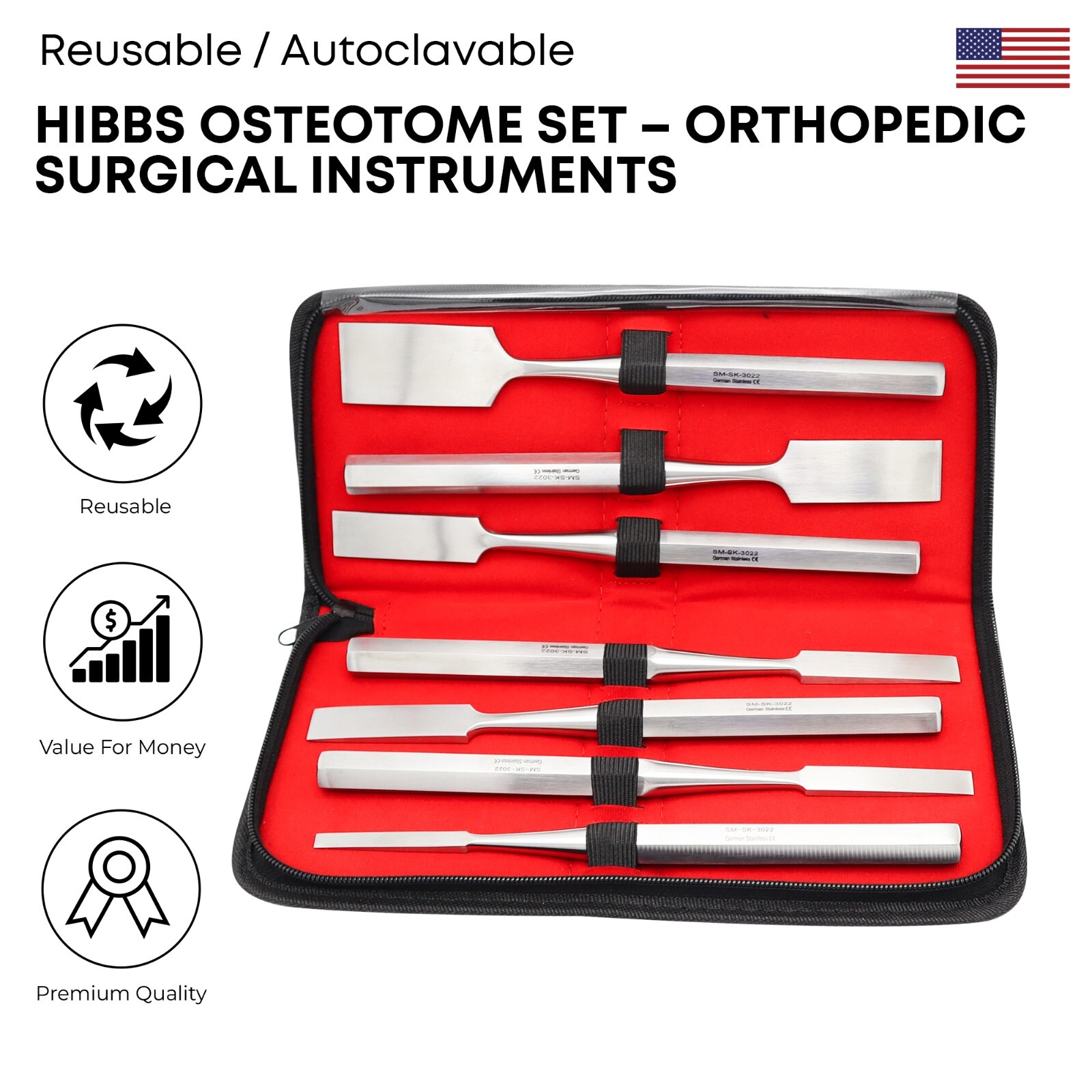 7 Pcs Hibbs Osteotome Set Stainless German Grade Orthopedic Surgical Instruments