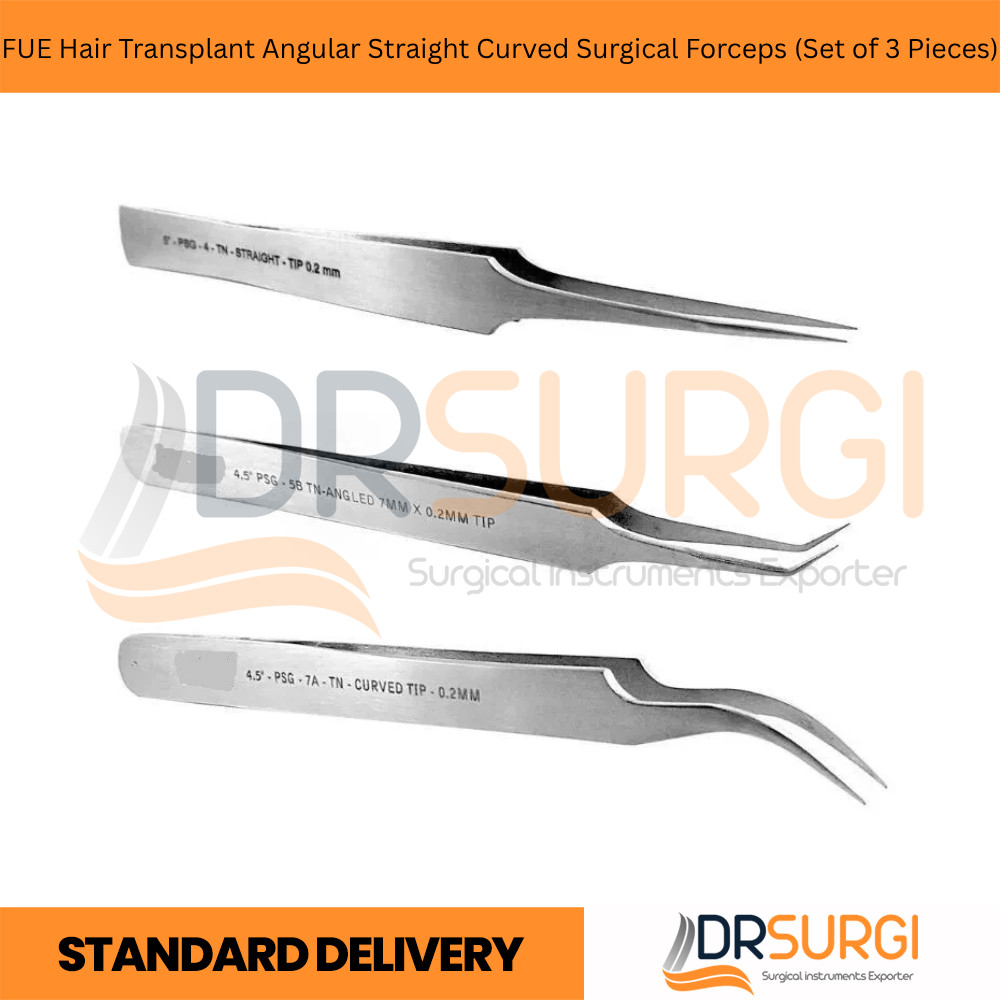 FUE Hair Transplant Angular Straight Curved Surgical Forceps (Set of 3 Pieces)