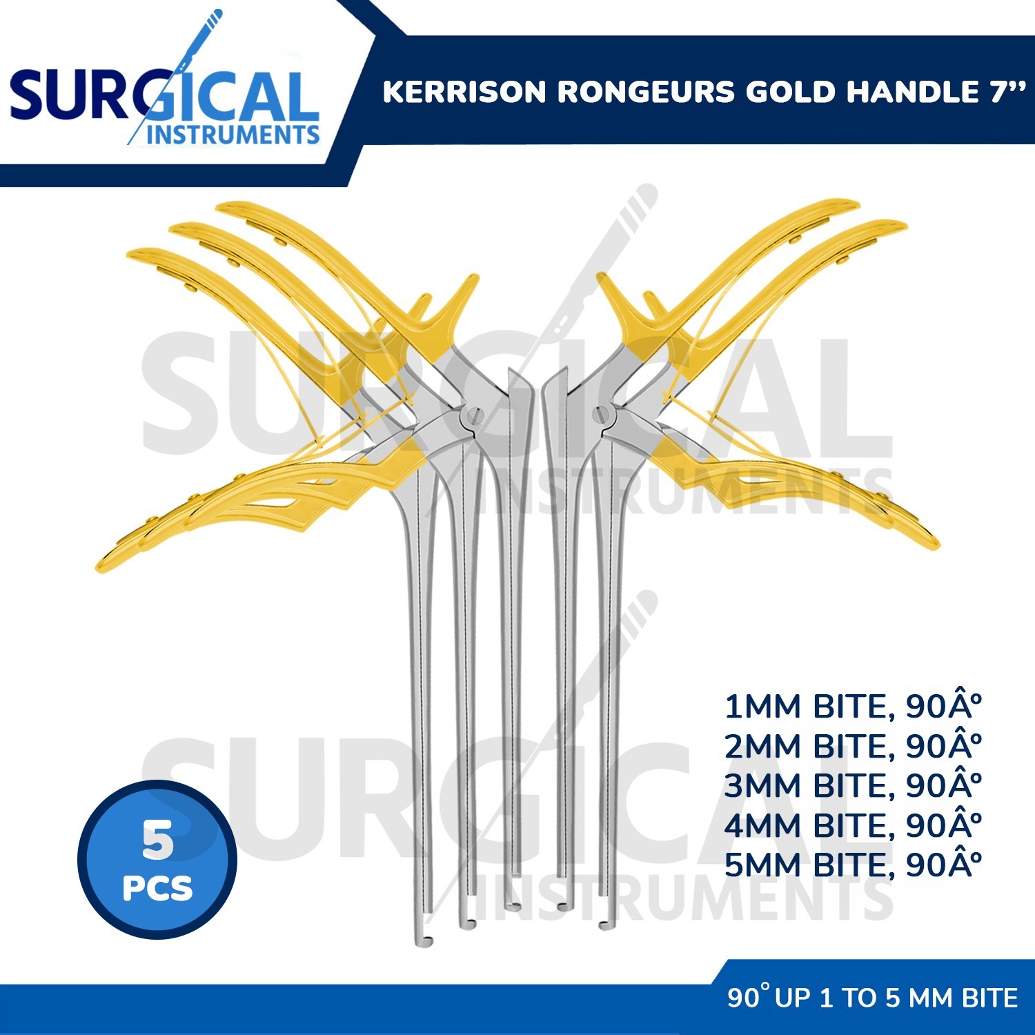 5 Pcs Kerrison Rongeurs 7″ 1, 2, 3, 4, 5mm 90 Degree Up Gold Handle German Grade
