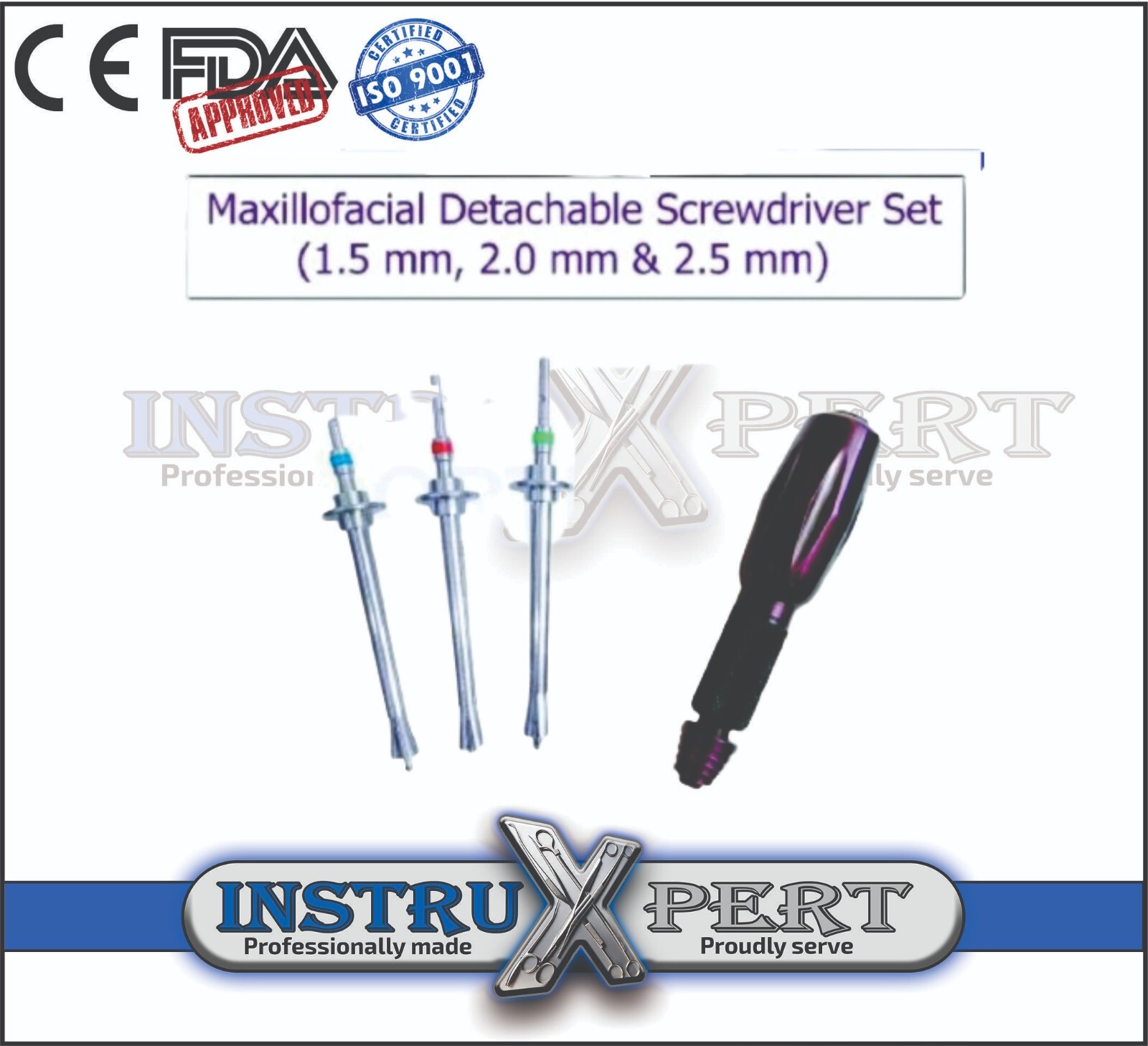 Cross Head Screwdriver with 3 Sleeves, For Maxillofacial 1.5mm, 2.0mm & 2.5mm