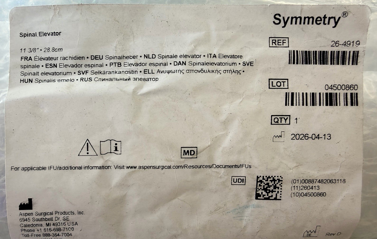 Symmetry Surgical 26-4919Cobb Surgical Elevator 11 3/8” (28.8cm) Orthopedics