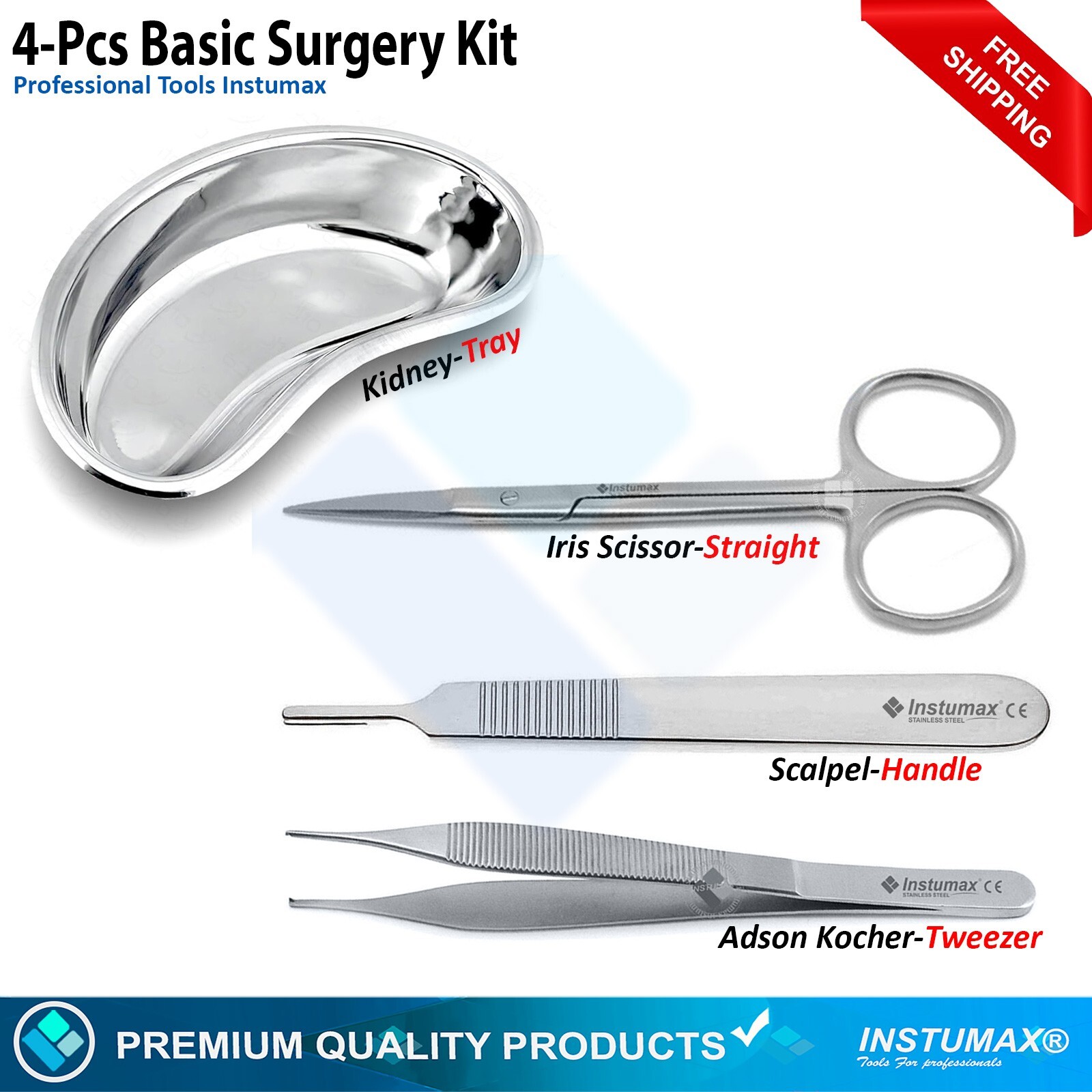Set of 4 Pieces Basic Minor Surgery Kit Steel Kidney Tray Surgical Instruments