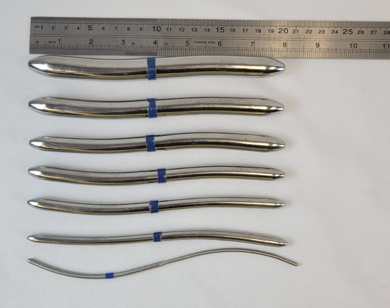 Set of 7 Aesculap Hegar Uterine Dilators 3-18 mm, Double-Ended, S-Shaped, 7-3/4″