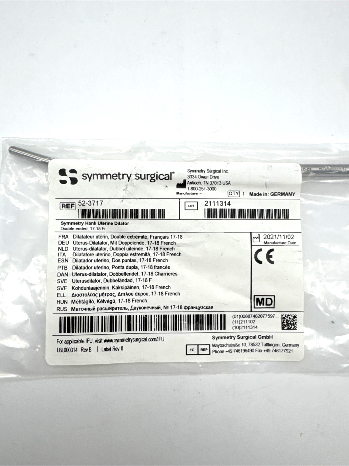 Symmetry 52-3717, Dilator Hank Uterine Double-Ended, New in Package