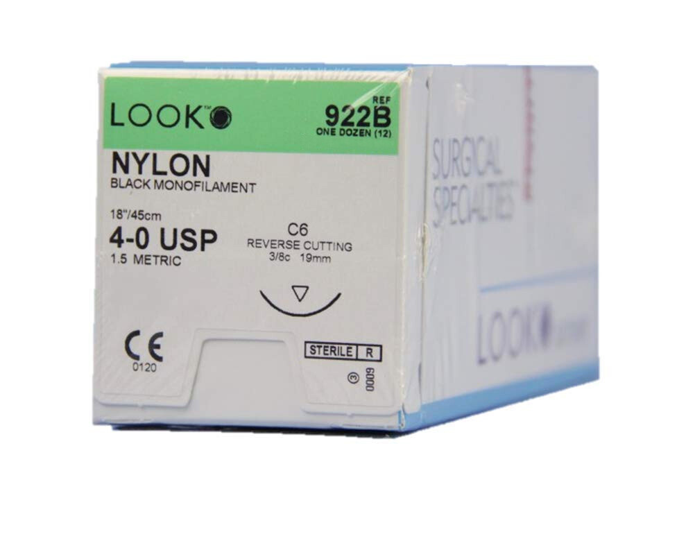 Look 922B Nylon Black Monofilament Reverse Cut Sutures C6 3/8 Circle 4-0 18″ 12P