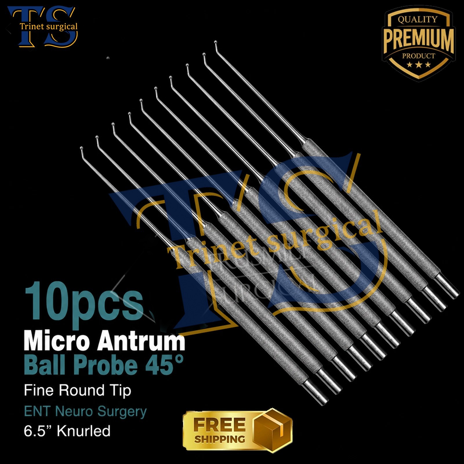 10pcs Micro Antrum Ball Probe 45° Fine Round Tip ENT Neuro Surgery 6.5” Knurled