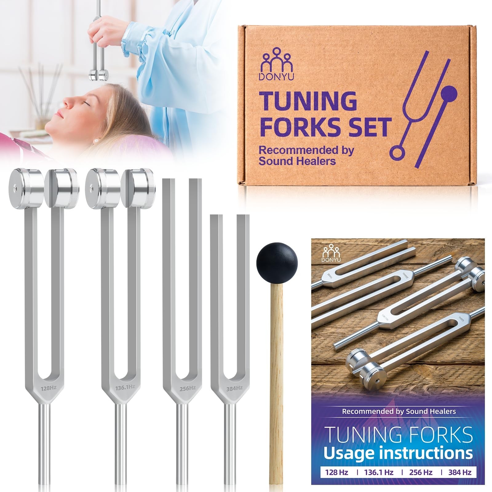 Tuning Fork Set (128 Hz, 136.1 Hz, 256 Hz, 384 Hz): Weighted & Unweighted Tun…
