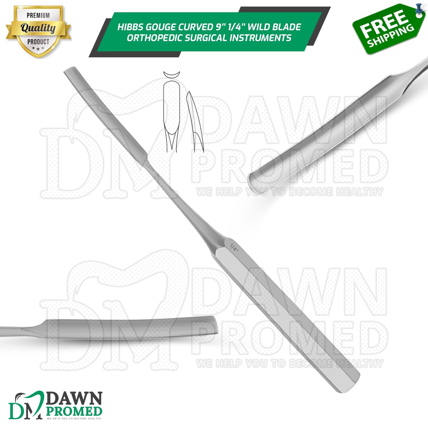HIBBS Orthopedic Bone Gouge 9″ Curved 1/4″ Blade Surgical Instrument German Gr