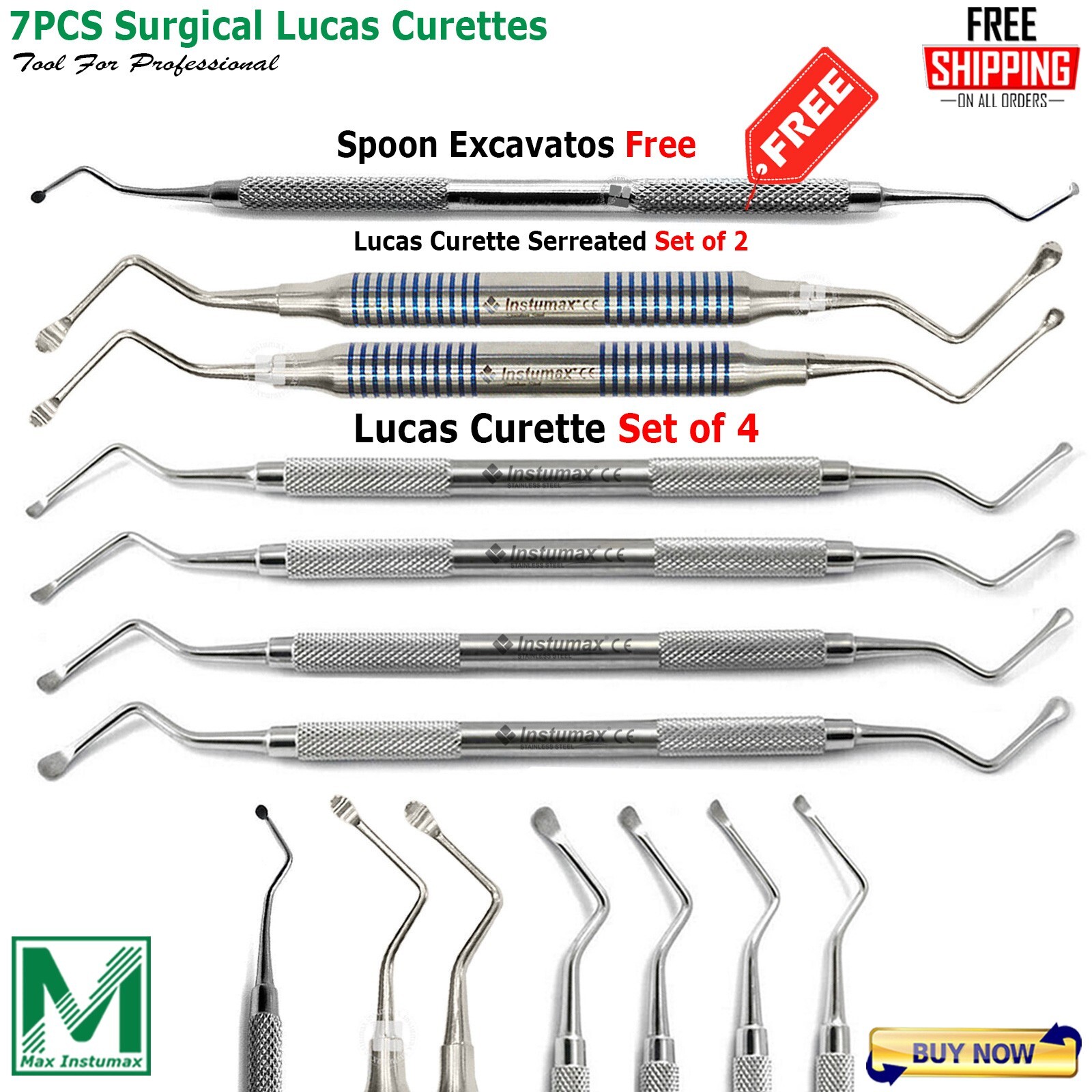 7PCS Surgical Lucas Curettes Hemingway Soft Tissue Bone Perio Curette Excavators