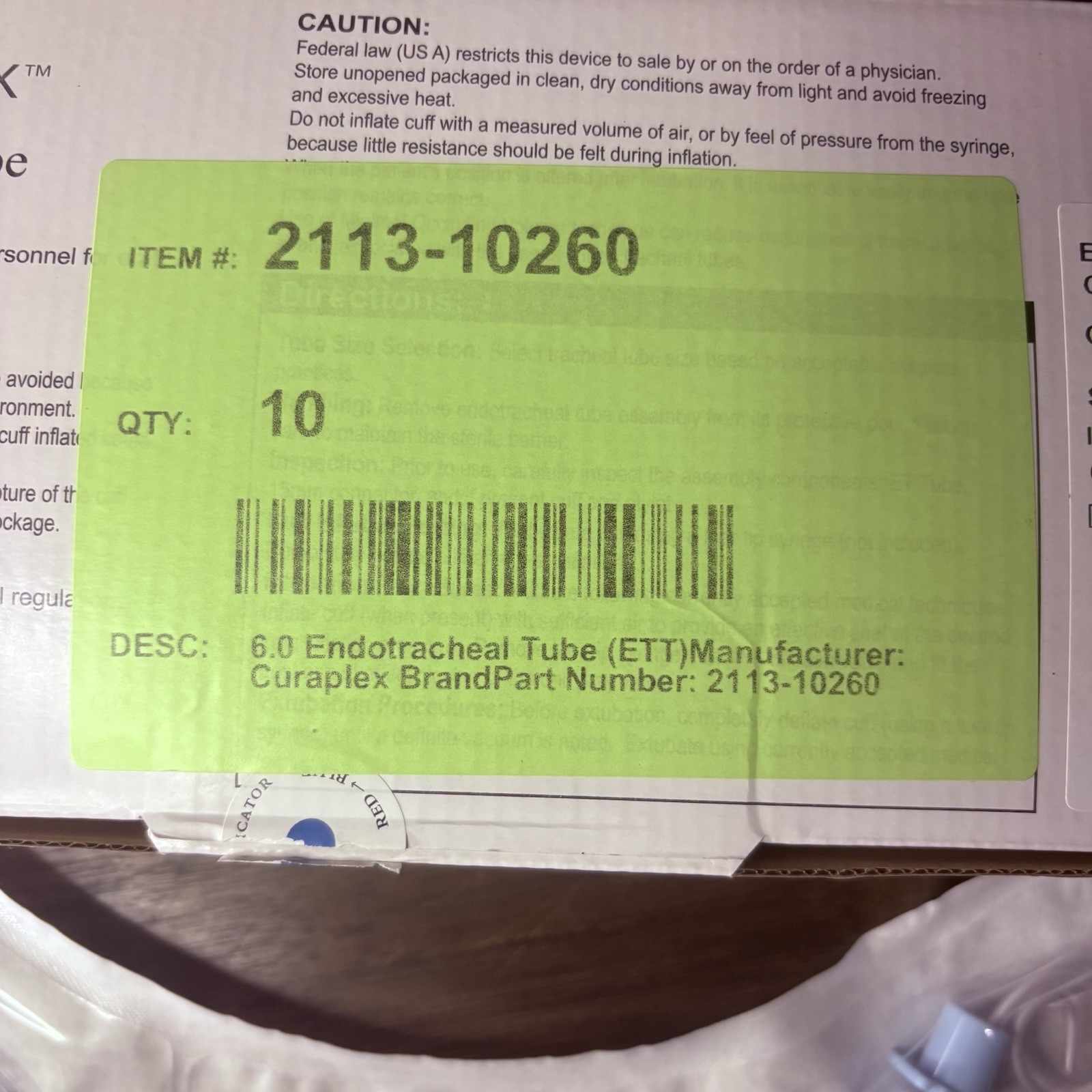 Sterile Endotracheal Tube 6.0 mm w/Cuff (Pack Of 2) Individually Packaged Sealed