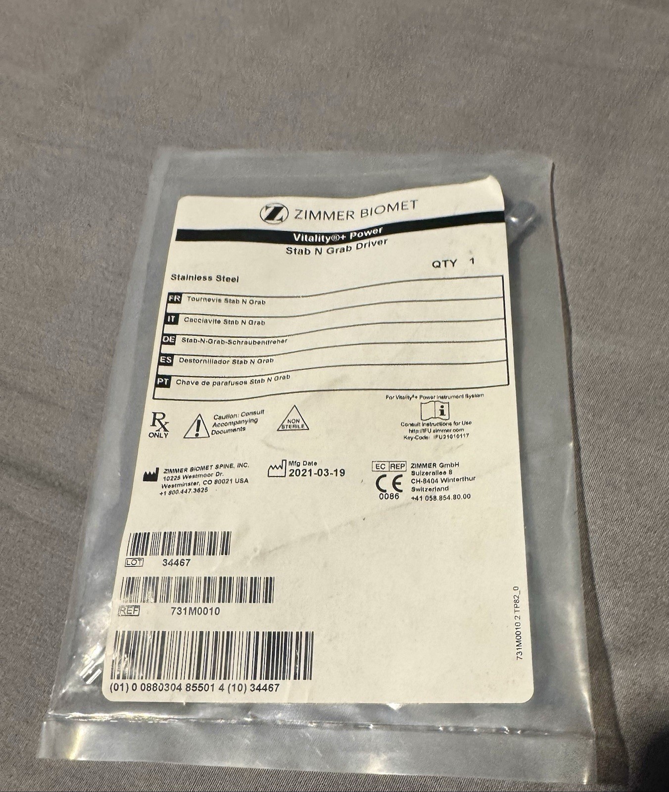 Zimmer Biomet Vitality+ Power Stab N Grab Driver REF 731M0010 LOT 34467