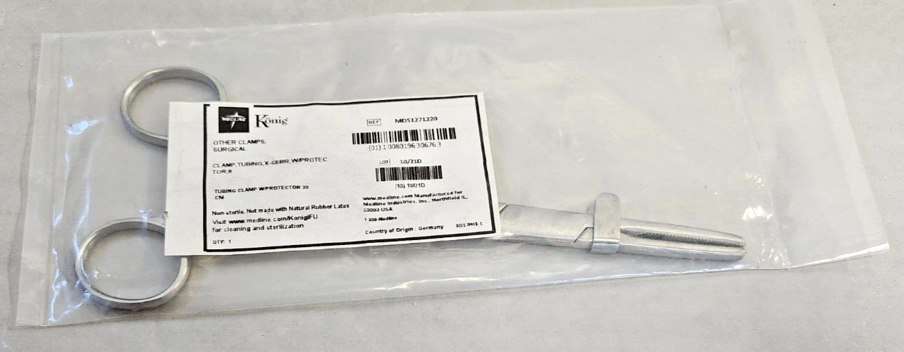Medline, Konig Tubing Clamp Forceps, Ratchet, Serrated, w/ Protector, 8″ – NEW