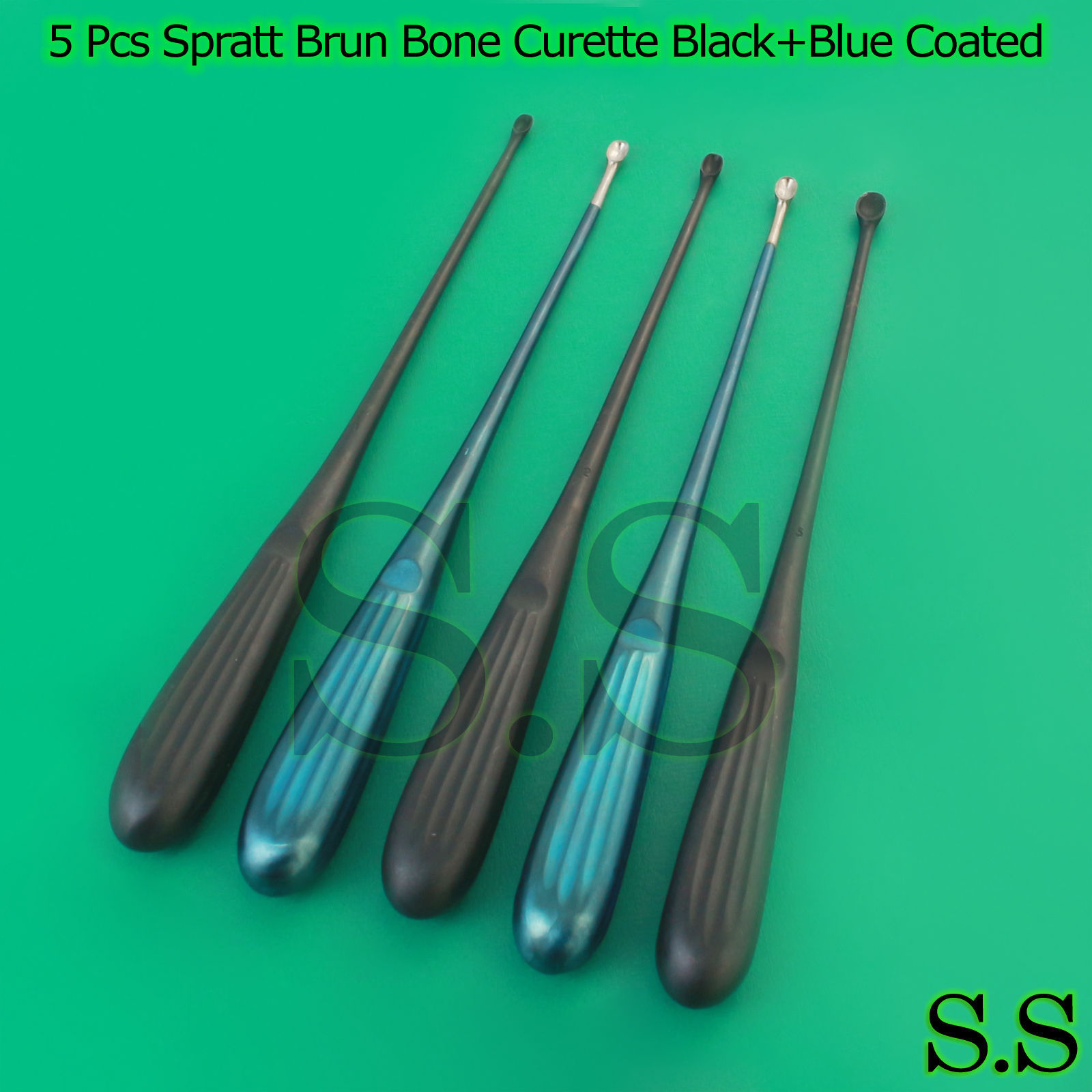 Set Of 5 Pcs Spratt Brun Bone Curette Size 1,2,5 Black & Blue Coated Surgical