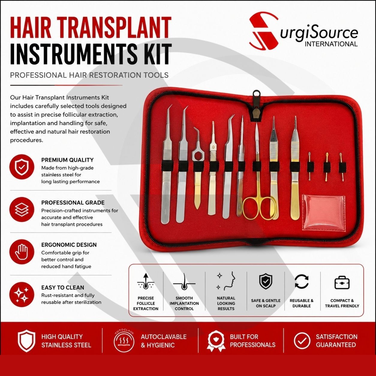 Professional FUE Hair Transplant Kit 12 PCS Stainless Steel Surgical Instruments