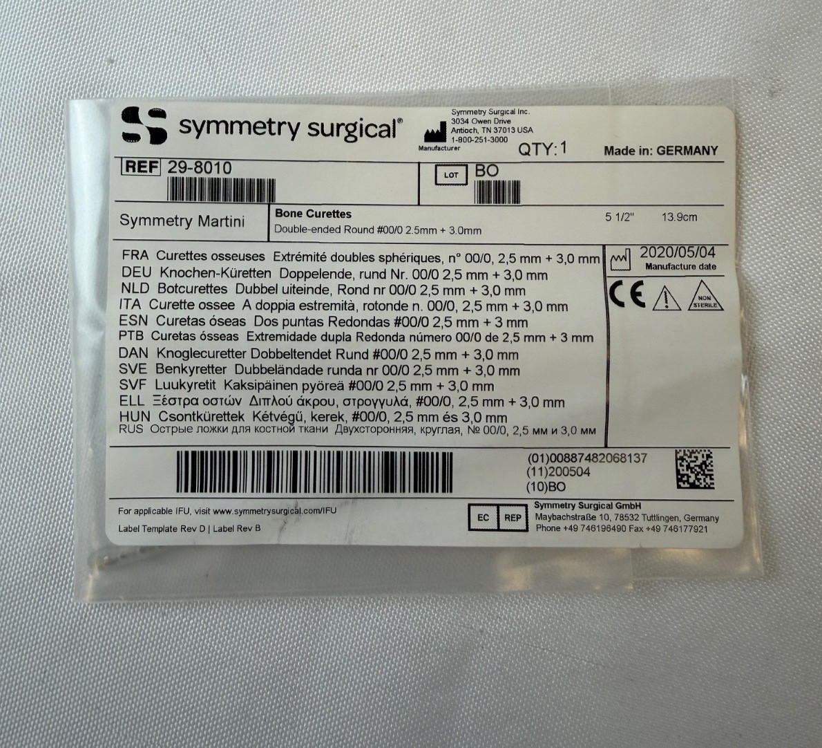 Symmetry Surgical 29-8010 Martini Double Ended Bone Curette Size 00 & 0 L: 5.5″