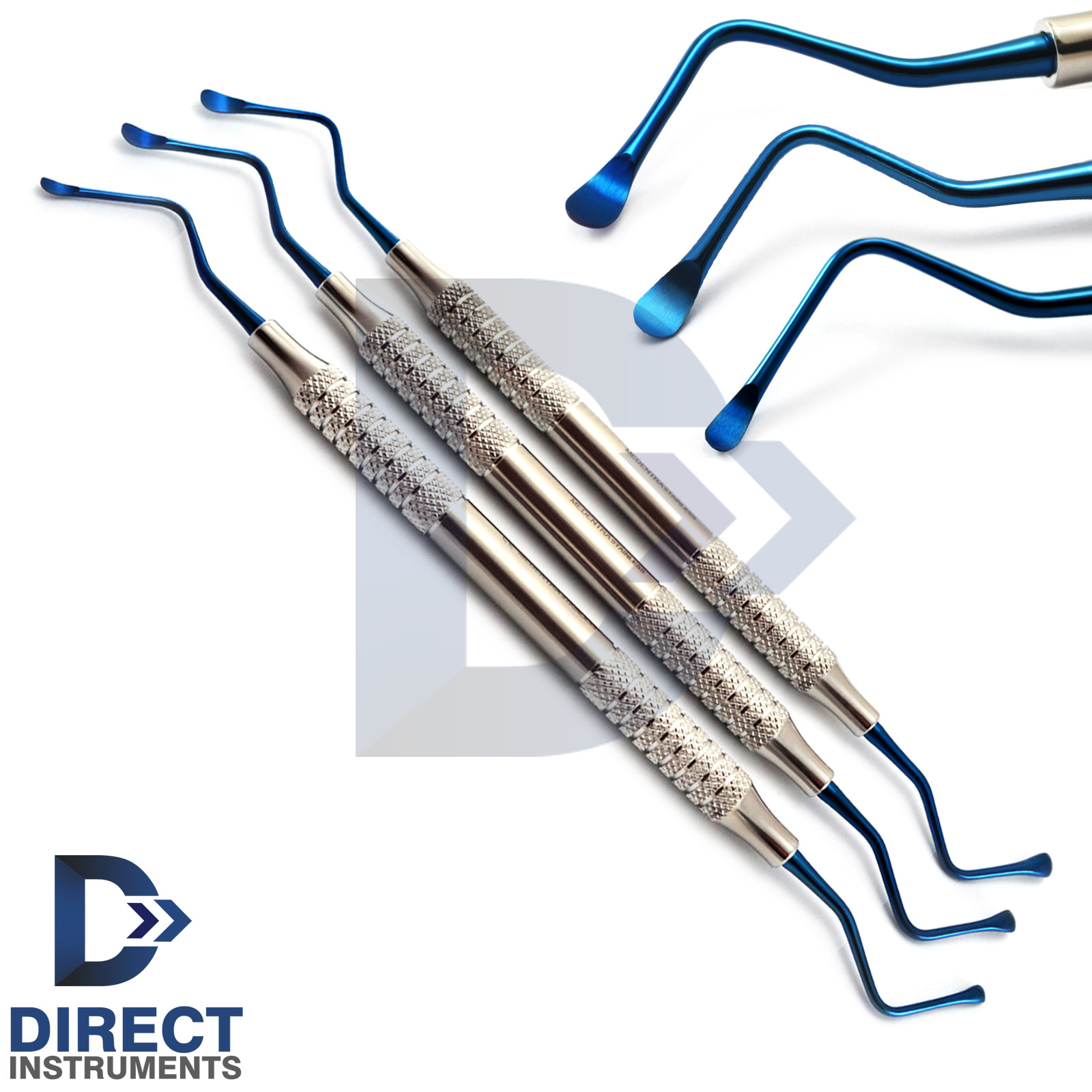 Set Of 3 Lucas Bone Curette Titanium Blue Tip Periodontal Surgical Cyst Removal