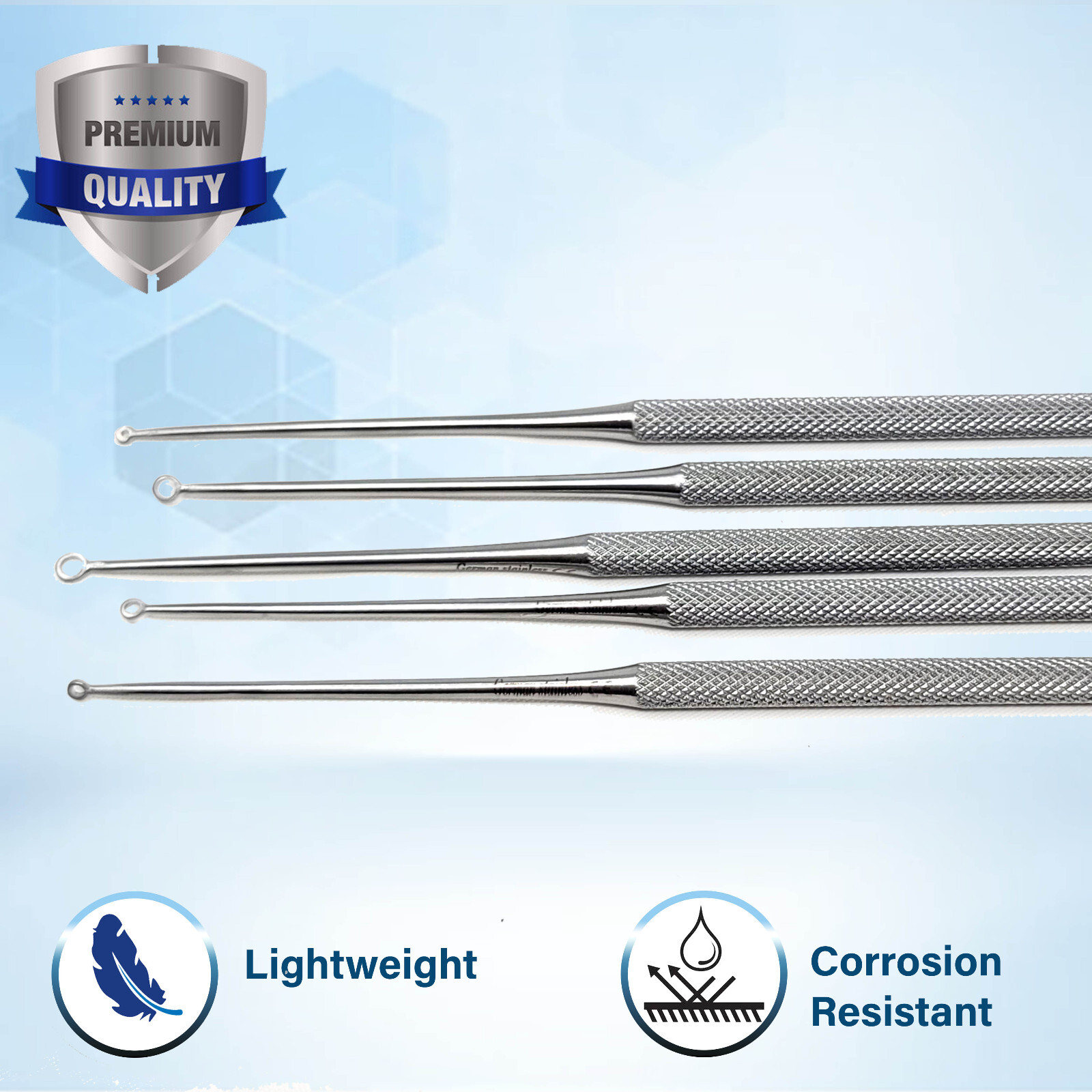Set Of 5 Buck Ear Curettes Blunt Straight ENT Ear Cleaning Surgical Instruments