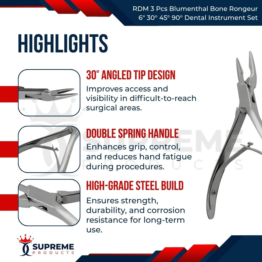 RDM 3 Pcs Blumenthal Bone Rongeur 6″ 30° 45° 90° Dental Instrument Set