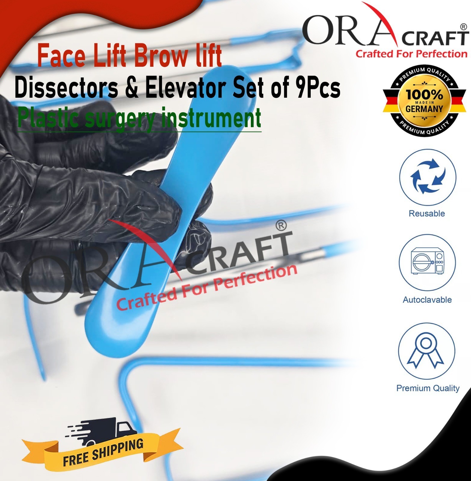 Plastic Surgery Face Lift Brow Lift Elevator & Dissector Set 9Pcs CE