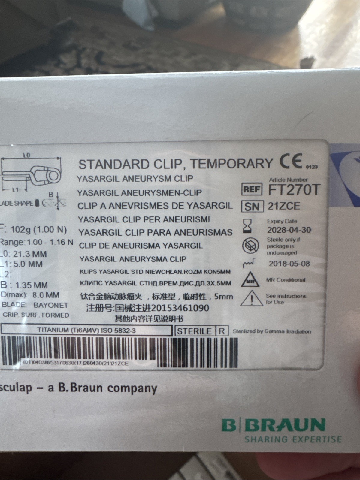 Aesculap Yasargil, Aneurysm Clip, Standard, Temporary, Titanium – FT270T