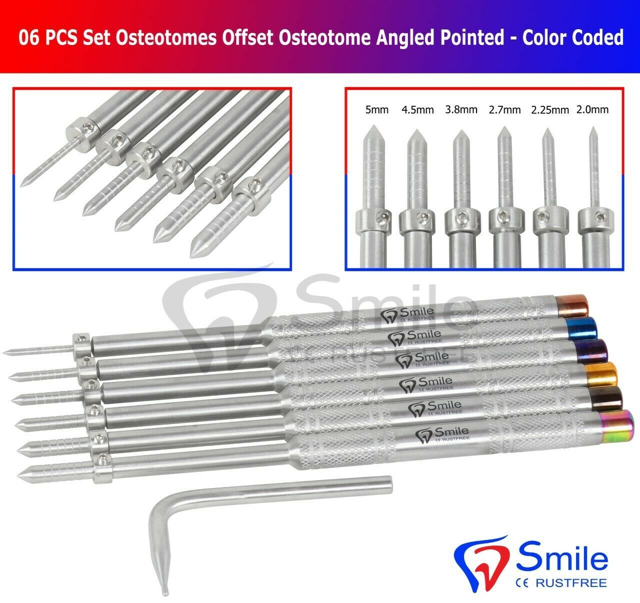 Set oF 6 Osteotomes Offset Osteotome Angled Pointed With Allen Key Convex New CE
