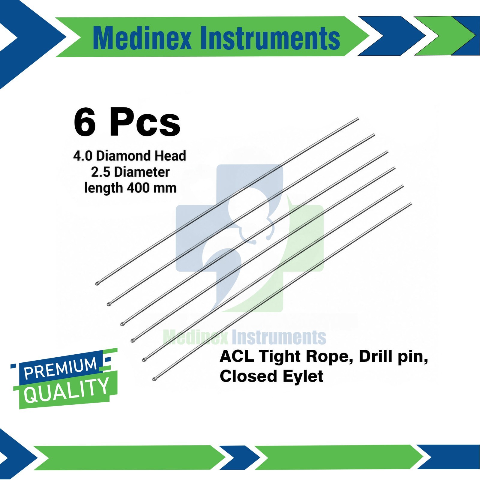 ACL Tight Rope , Drill pin , Closed Eylet 400mm length Lot of 6 PCs