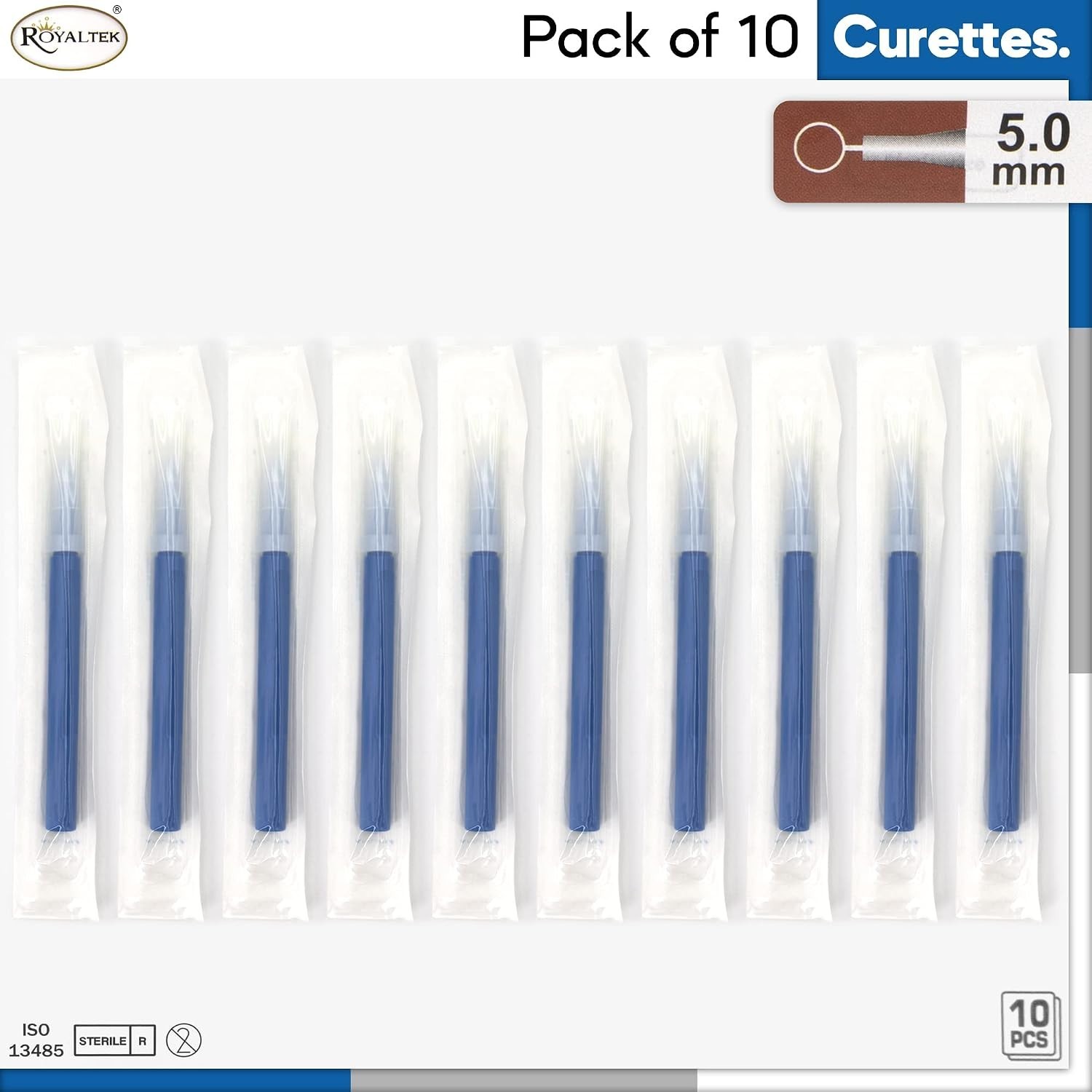 Individually Packaged Sterile Dermal Curettes – 10 Count – 5.00 mm Safety Design