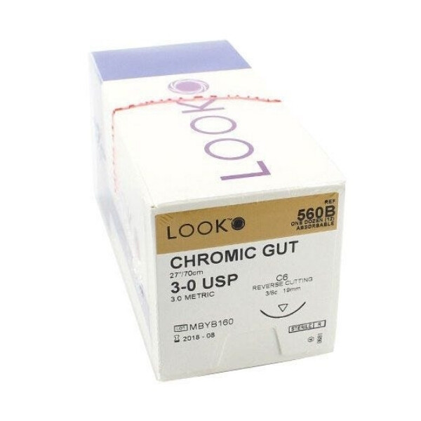 Look X560B Chromic Gut Absorbable Sutures 3-0 27″ C6 3/8 Circle Reverse Cut 12Pk