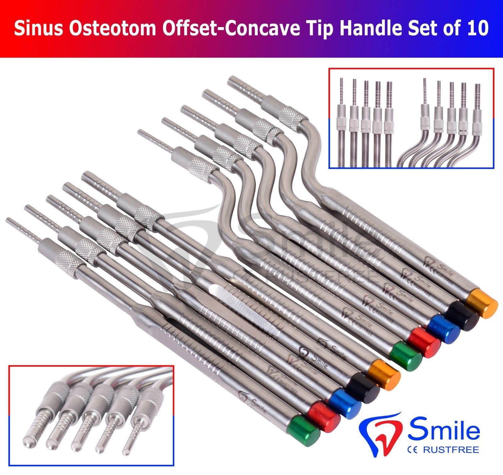 10X Sinus Lift Osteotomes Offset Concave Tip Handle Bone Graft Chisels Kit Smile