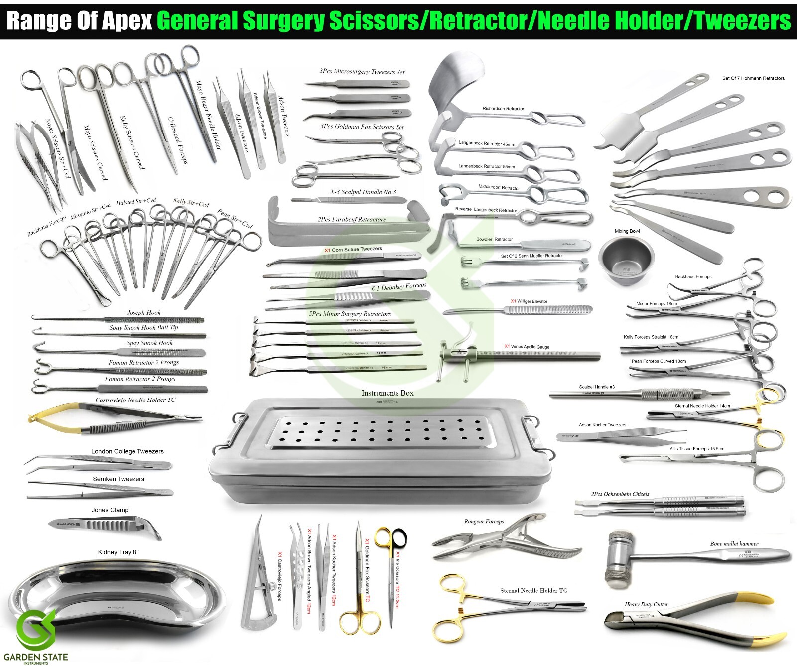 Range Of Apex General Surgery Scissors, Retractor, Needle Holder, Clamp Tweezers