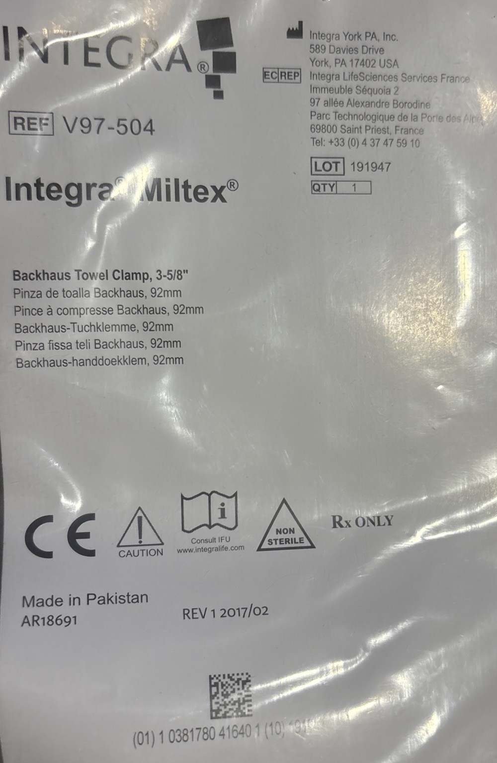 Integra Militex Backhaus Towel Clamp, 3-5/8”