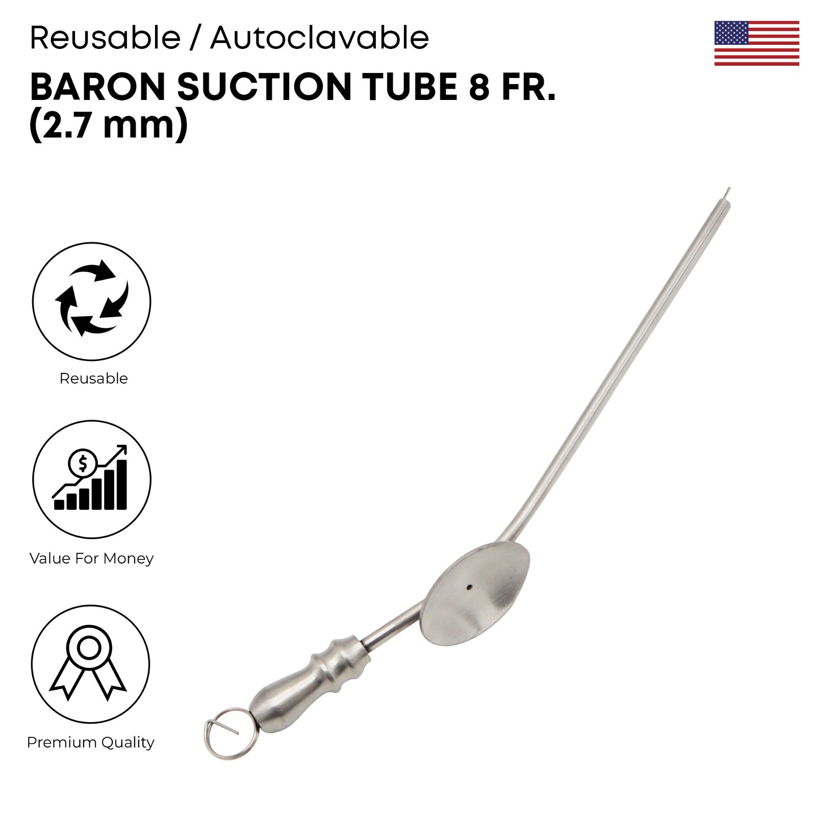 BARON Suction Tube 8 Fr. (2.7 mm) Stainless Steel Surgical Instruments