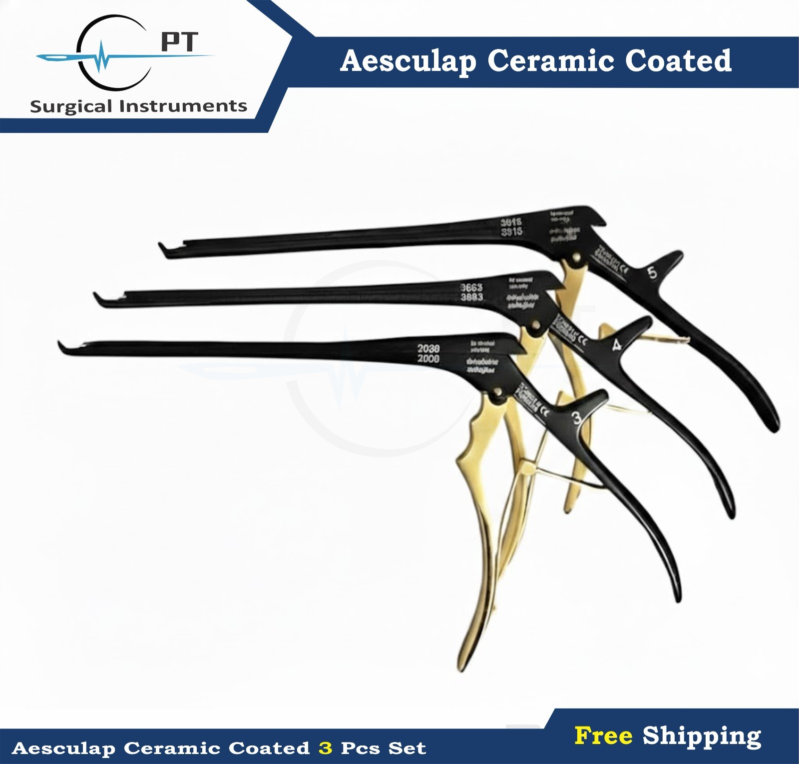 Set of 3 Aesculap Ceramic Coated Detachabl 3/4/5mm 40degre 8″Kerrison Rongeur