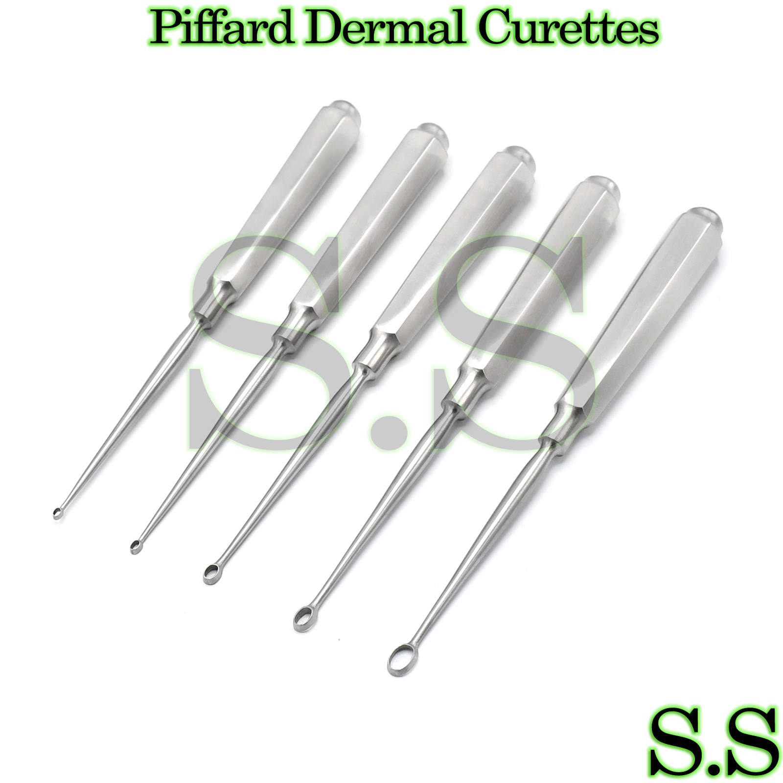 Set of 5 Piffard Dermal Curettes Oval Shape Cup 6 1/4″ Surgical Instruments