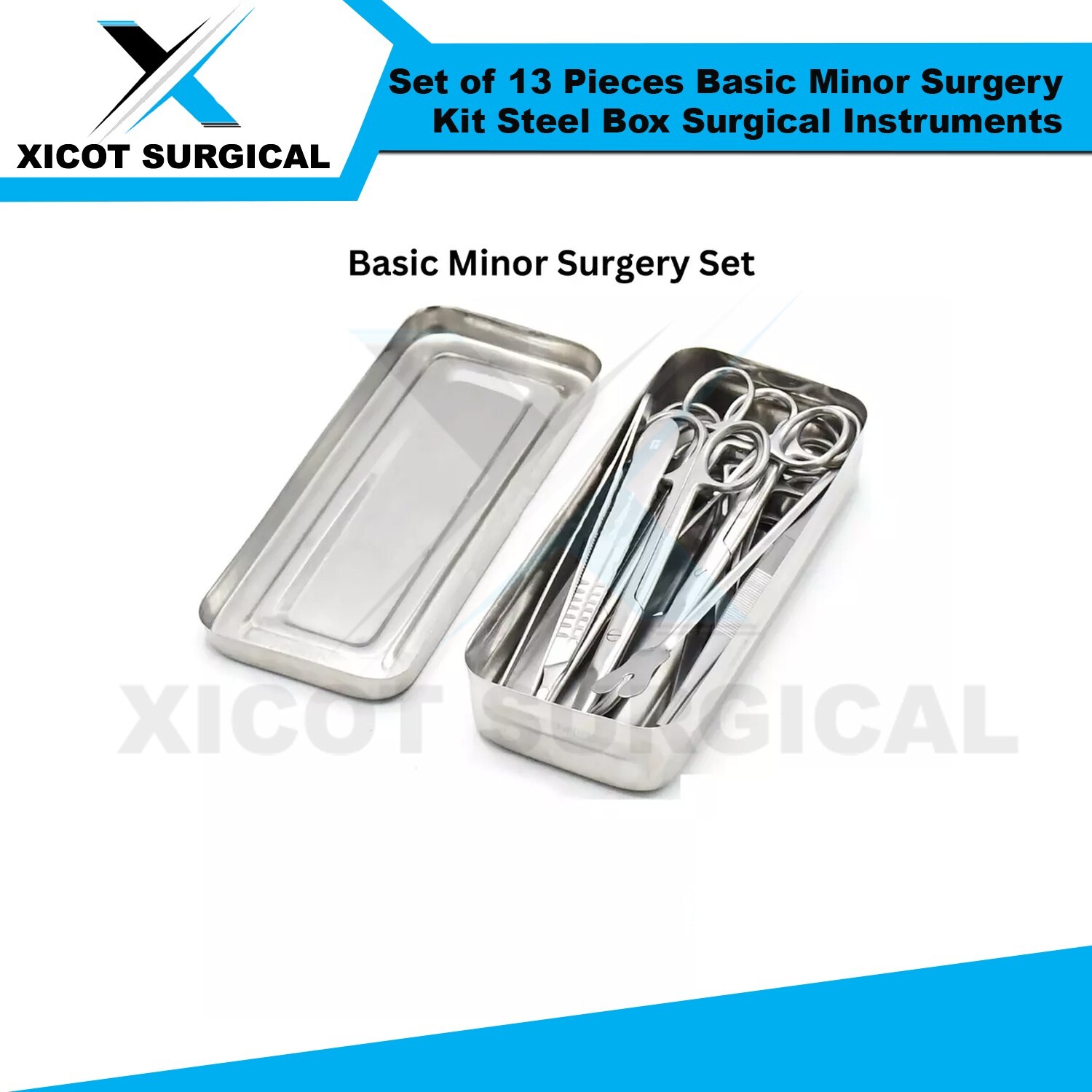 Set of 13 Pieces Basic Minor Surgery Kit Steel Box Surgical Instruments