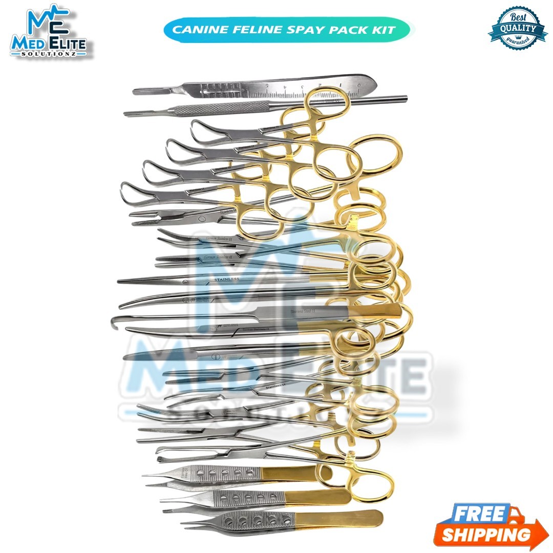 PREMIUM GRADE CANINE FELINE SPAY 22 Pcs PACK KIT GOLD HANDLE SET – STAINLESS CE