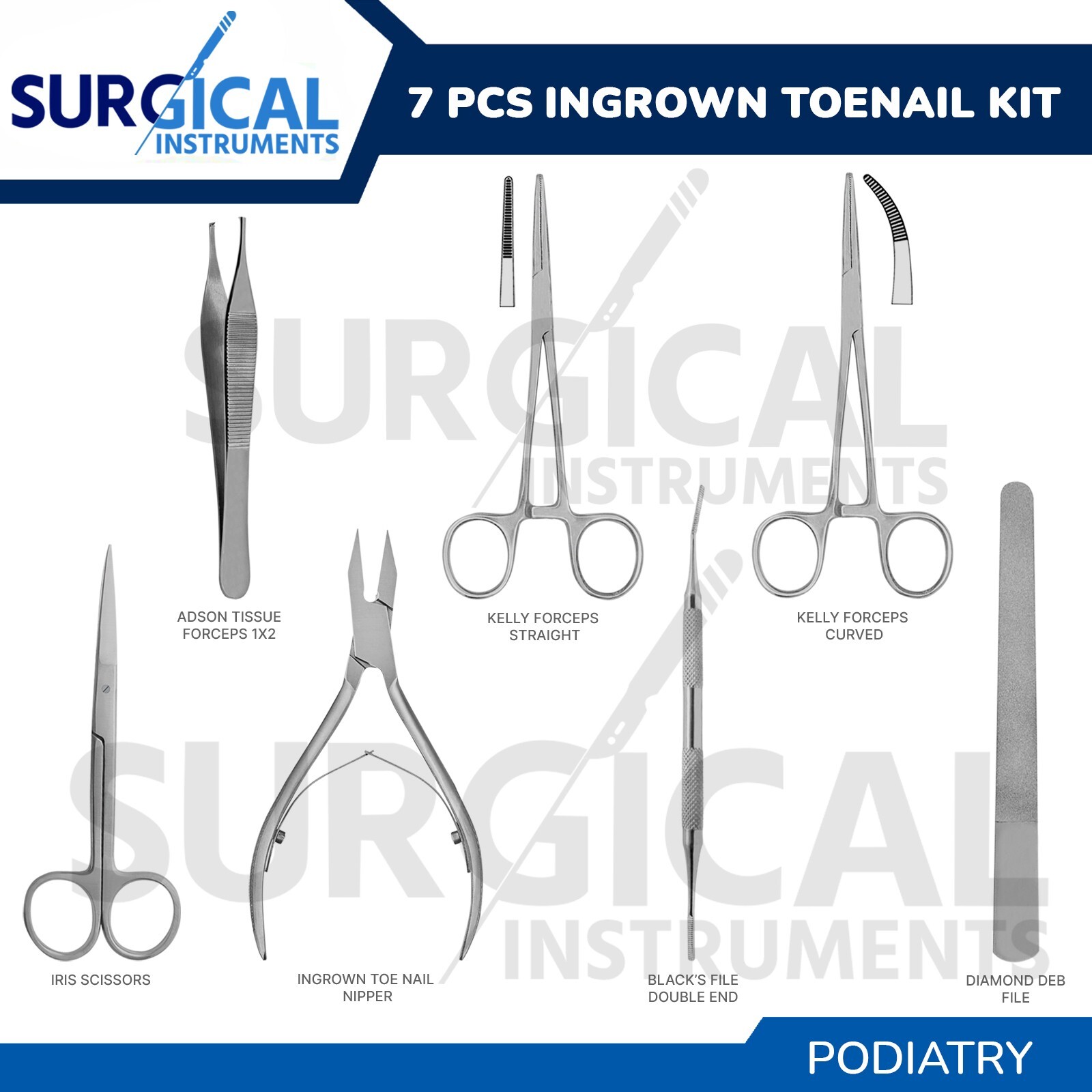 7 Pcs Ingrown Toenail Kit Stainless Podiatry Surgical Instruments Set German GR