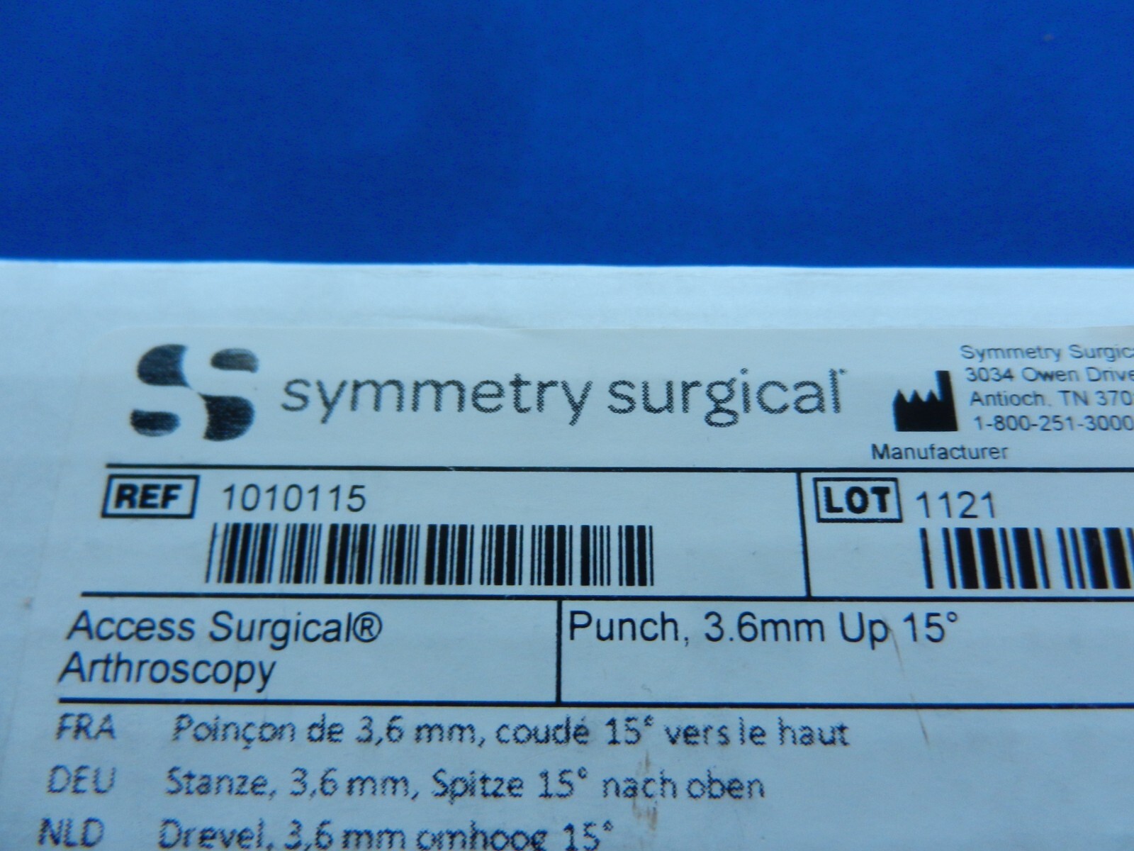 F15 Symmetry Surgical Arthroscopy Arthroscopic Punch, 3.6mm Up 15° REF 1010115
