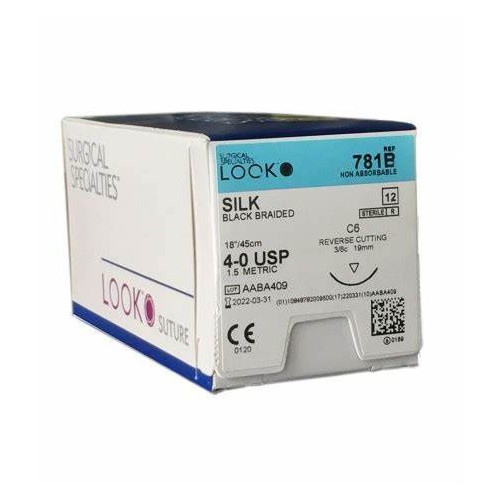 Look X781B Silk 4-0 Black Braided Sutures 18″ C6 3/8 Circle 19mm 12/Pk