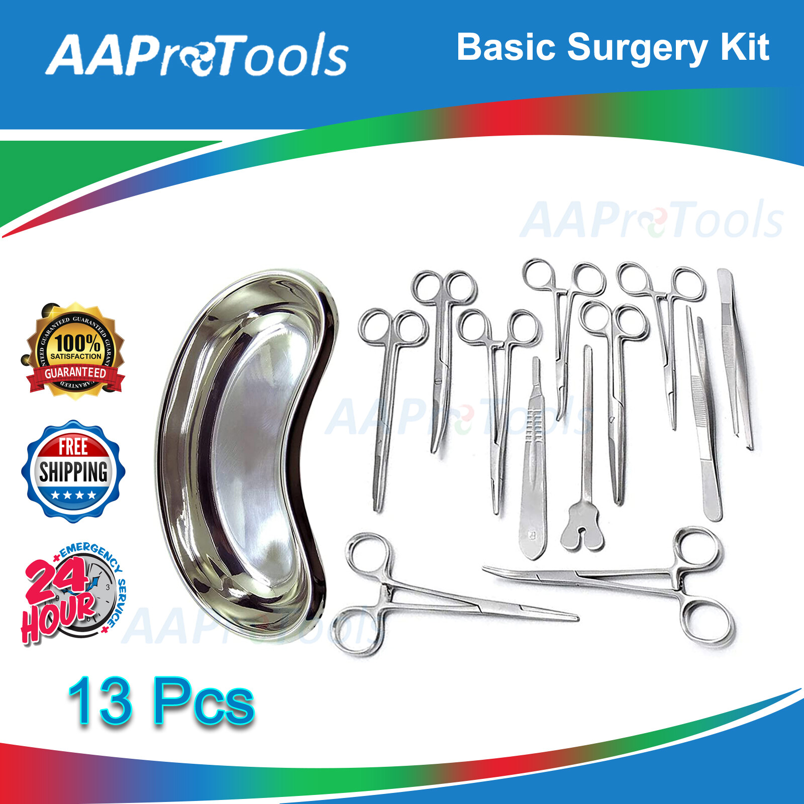 13 Pieces Basic Surgi Forceps Scissors Needle Holder Kit S.S Kidney Tray Instru