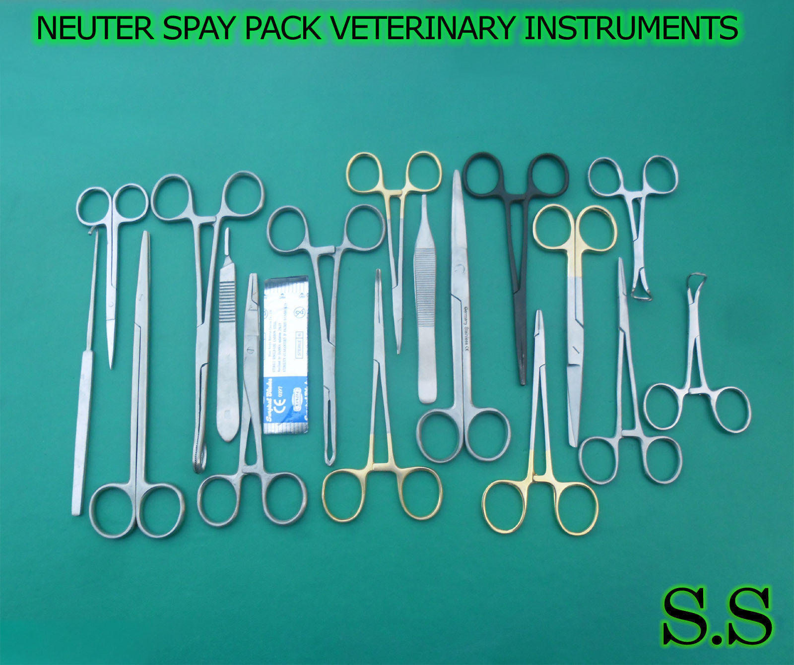 50 PCS NEUTER SPAY PACK VETERINARY SURGICAL INSTRUMENT GOLD HANDLE Black DS-1086