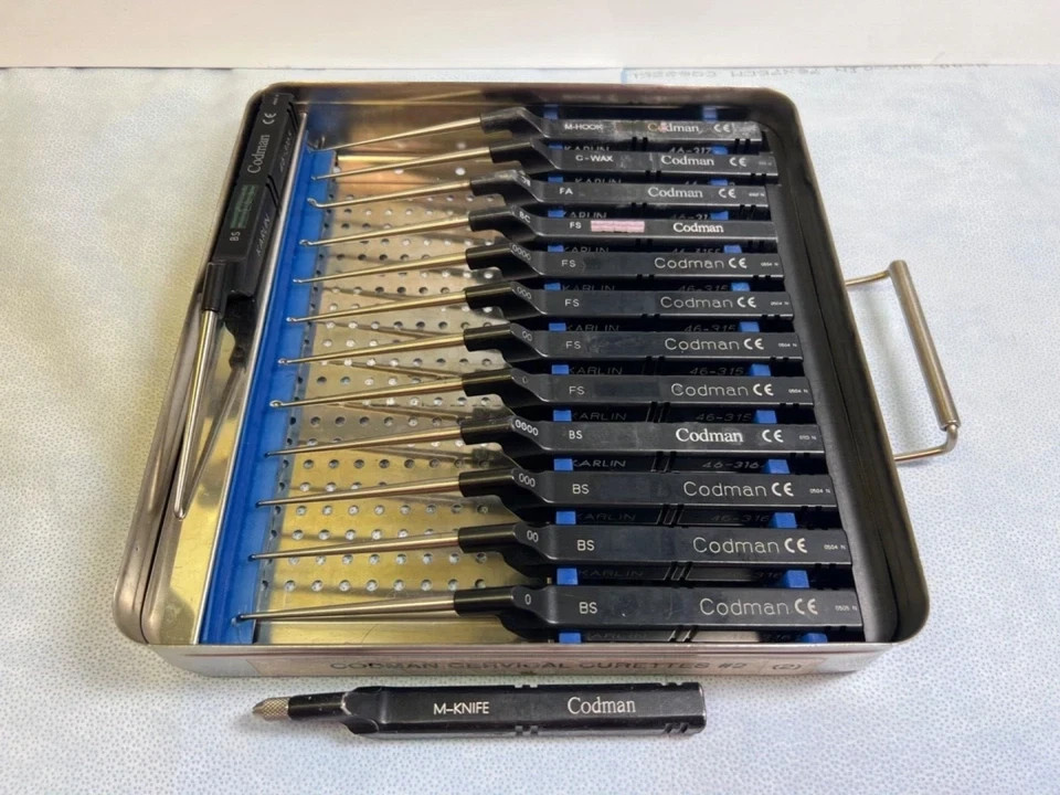 Lot Of 14 Codman Microdiscectomy Karlin Cervical Curettes Set With Tray