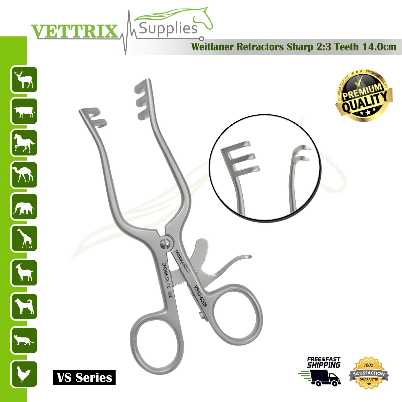 Weitlaner Retractors Sharp 2×3 Teeth 14cm, wound opener Surgical Instruments, CE