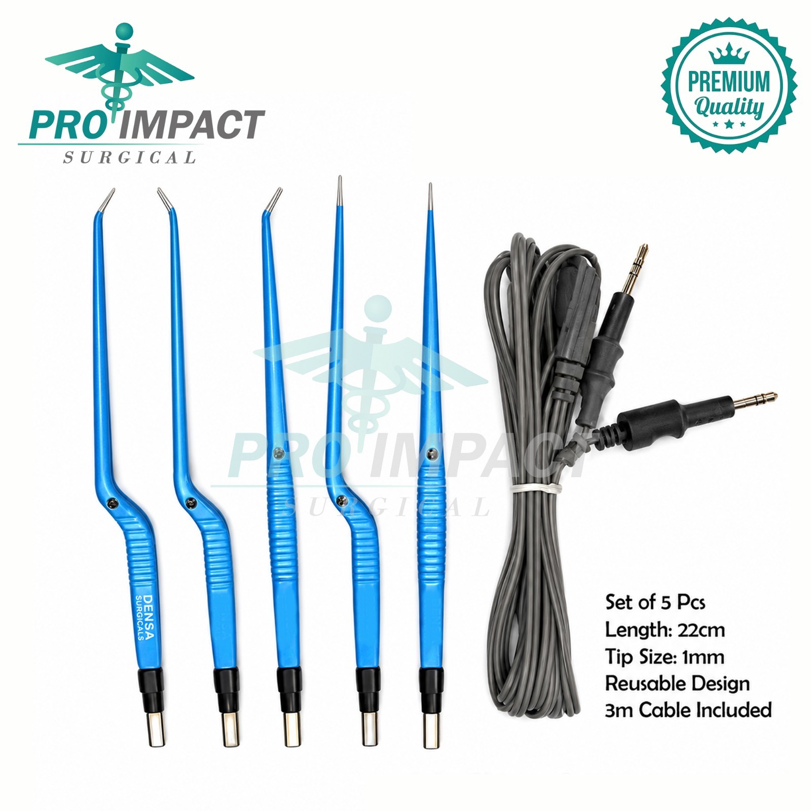 European Bipolar Forceps Set of 5 Pcs, 22cm, 1.5mm Tip, 3m Cable, Reusable