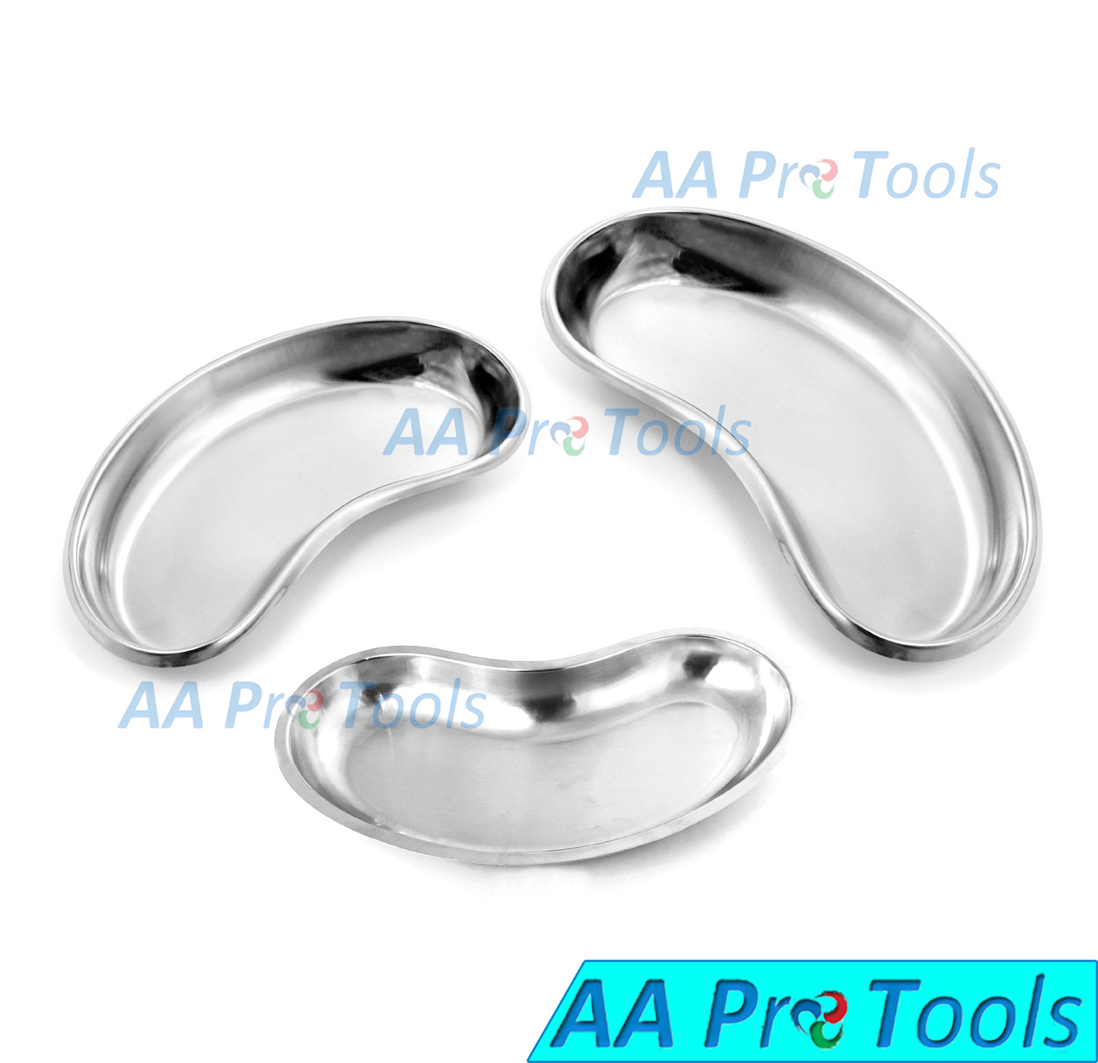 AAPRO 3 Pcs Stainless Steel Kidney Trays Dishes Small, Medium, Large New