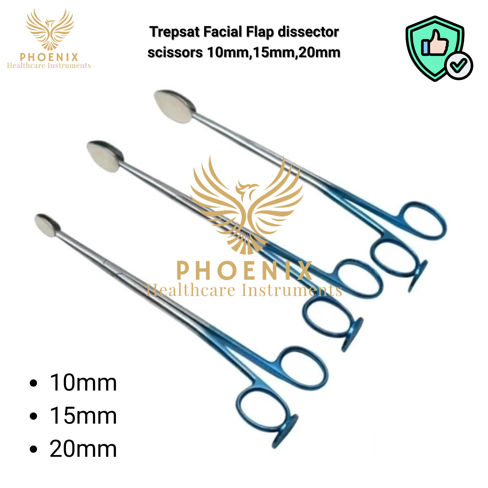 New set of 3pcs,Trepsat Facial Flap dissector scissors 10mm,15mm,20mm
