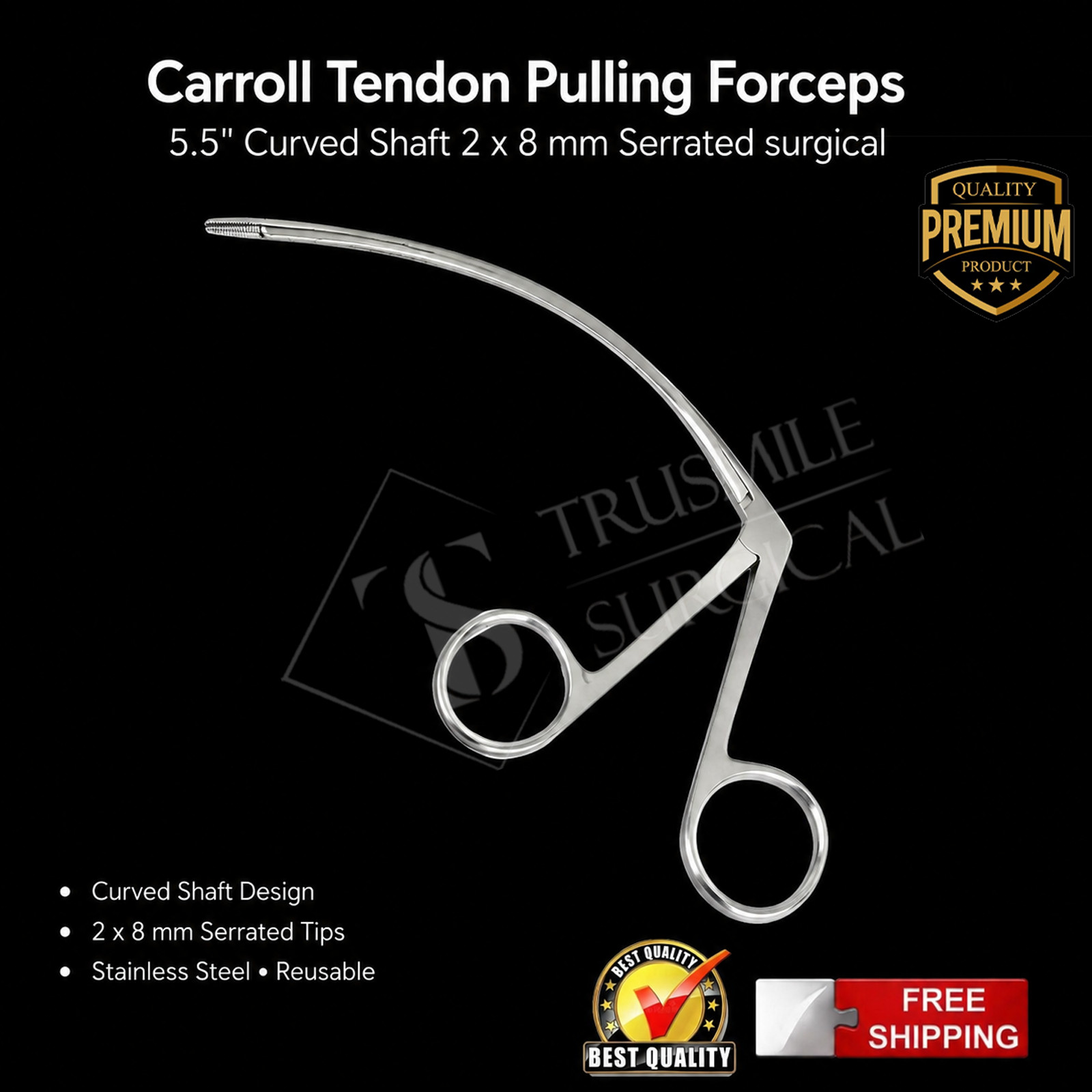 New Carroll Tendon Pulling Forceps 5.5″ Curved Shaft 2 x 8 mm Serrated surgical