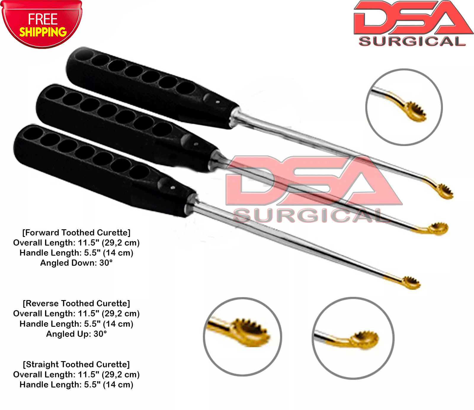 Orthopedic forward bone toothed Curette set of 3Pcs straight, angl up angle down