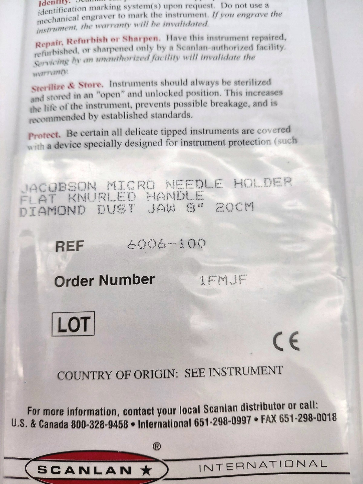 NEW Scanlan 6006-100 Diamond Dust Jacobson Micro Needle Holder 8″ OEM
